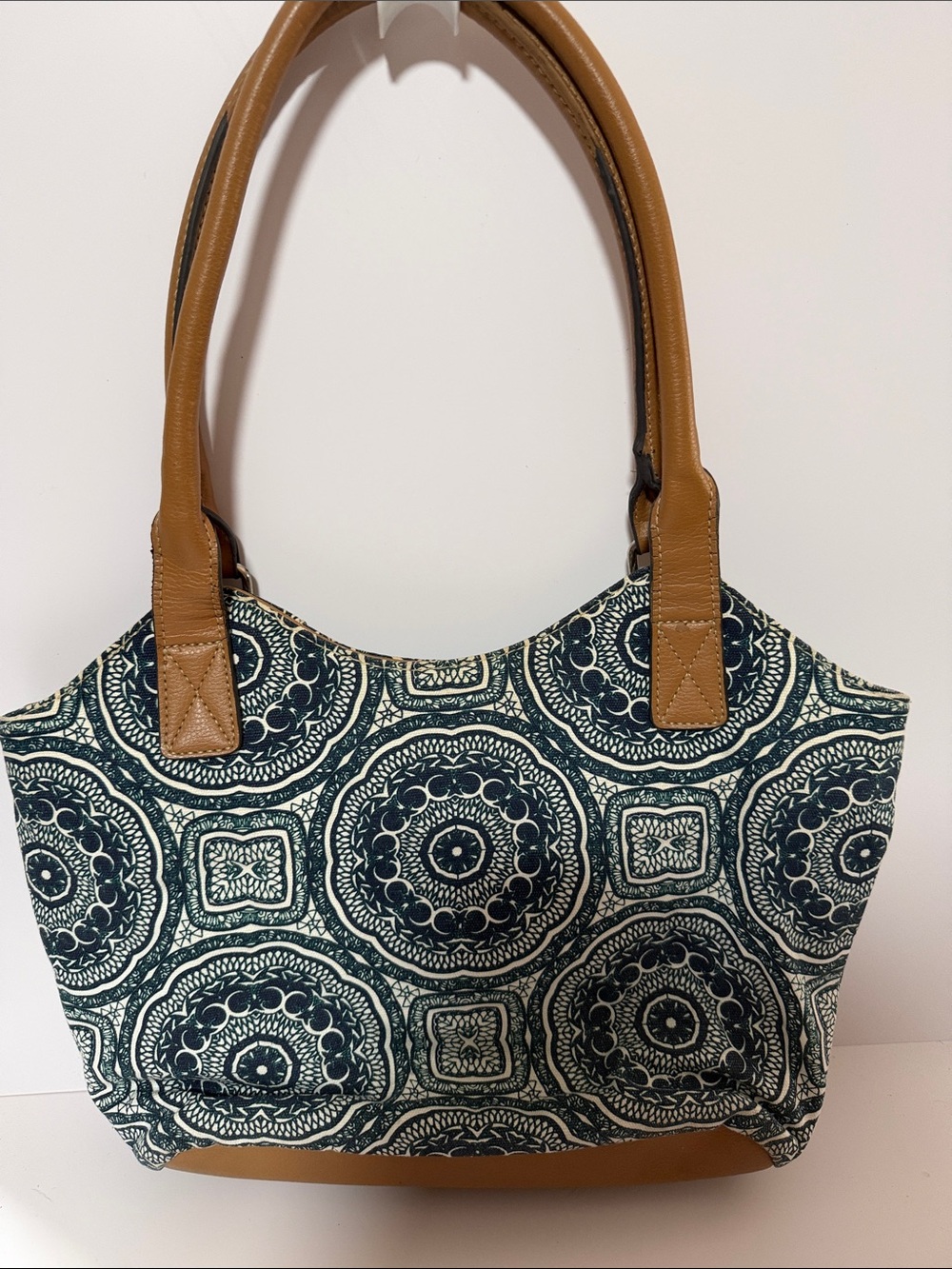 croft & barrow Navy Medallion Canvas Tote with Brown Handles